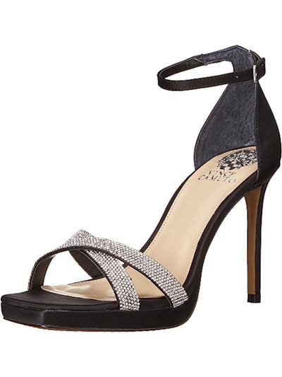 VINCE CAMUTO Womens Black Crossover Crystal Ankle Strap Embellished Kalvira Square Toe Stiletto Buckle Dress Heeled Sandal 5.5 M