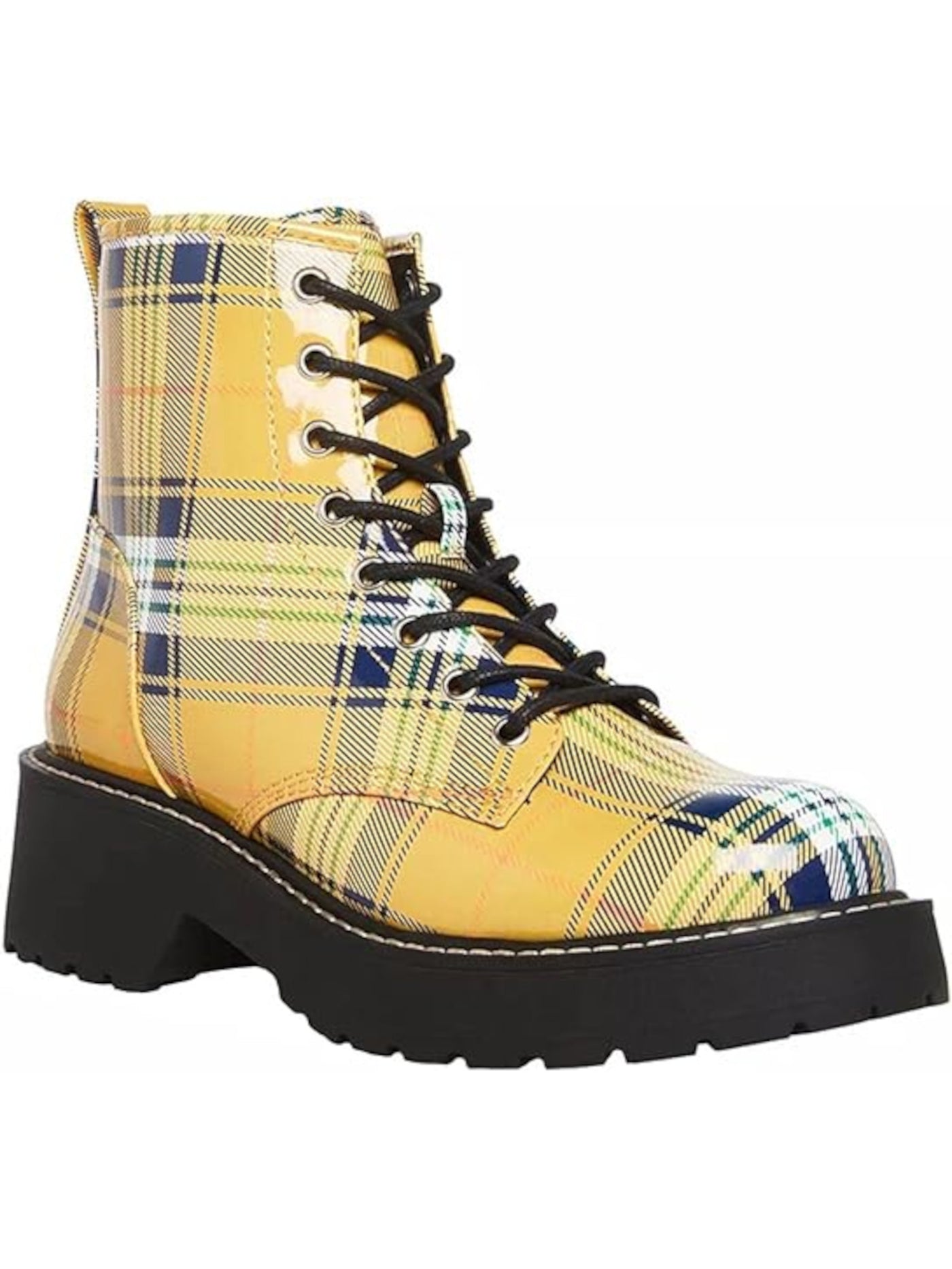 MADDEN GIRL Womens Yellow Plaid Lace-Up Pull-Tab Lug Sole Padded Carra Round Toe Block Heel Zip-Up Combat Boots 5 M