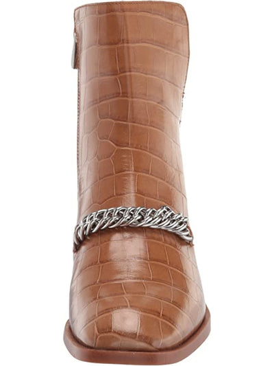 FRANCO SARTO Womens Brown Crocodile Chain Asymmetrical Padded Caleb Square Toe Block Heel Zip-Up Leather Booties M