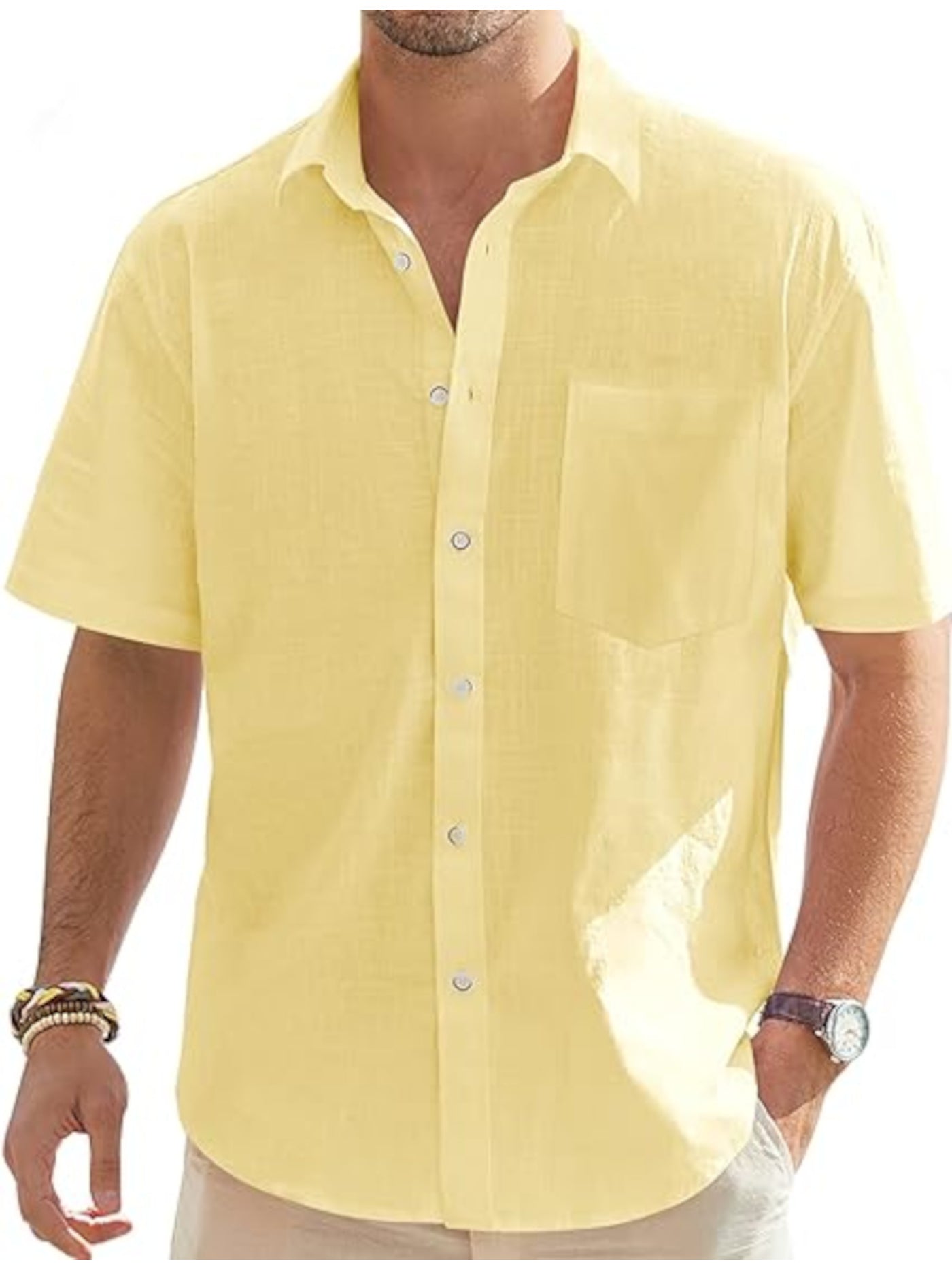 ST JOHNS BAY Mens Yellow Heather Short Sleeve Collared Classic Fit Button Down Shirt XL