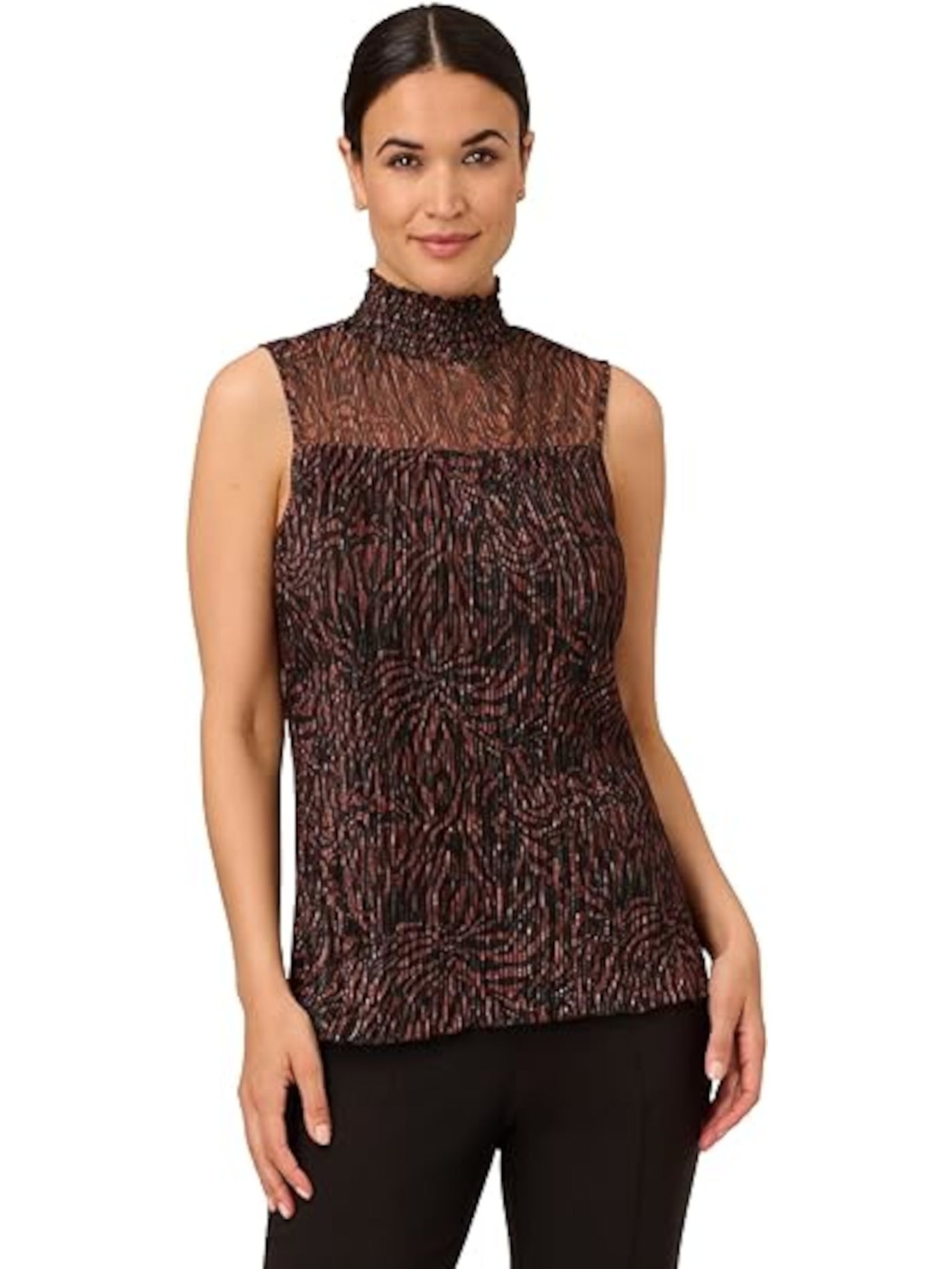 ADRIANNA PAPELL Womens Black Smocked Pleated Keyhole Back Lined Printed Sleeveless Mock Neck Wear To Work Top S