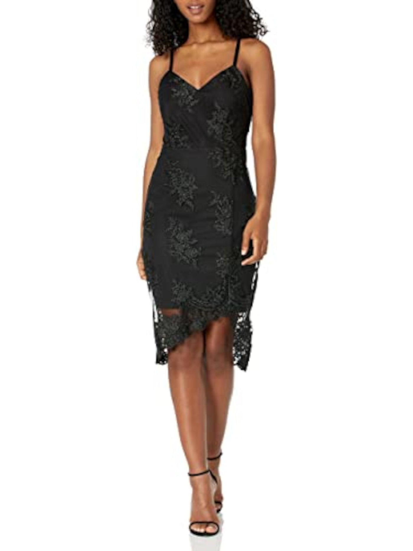 GUESS Womens Black Embroidered Lace Asymmetrical Spaghetti Strap V Neck Below The Knee Cocktail Sheath Dress 0