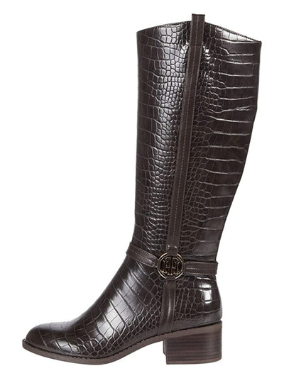 TOMMY HILFIGER Womens Brown Crocodile Goring Logo Padded Diwan 2 Almond Toe Block Heel Zip-Up Riding Boot 5.5 M