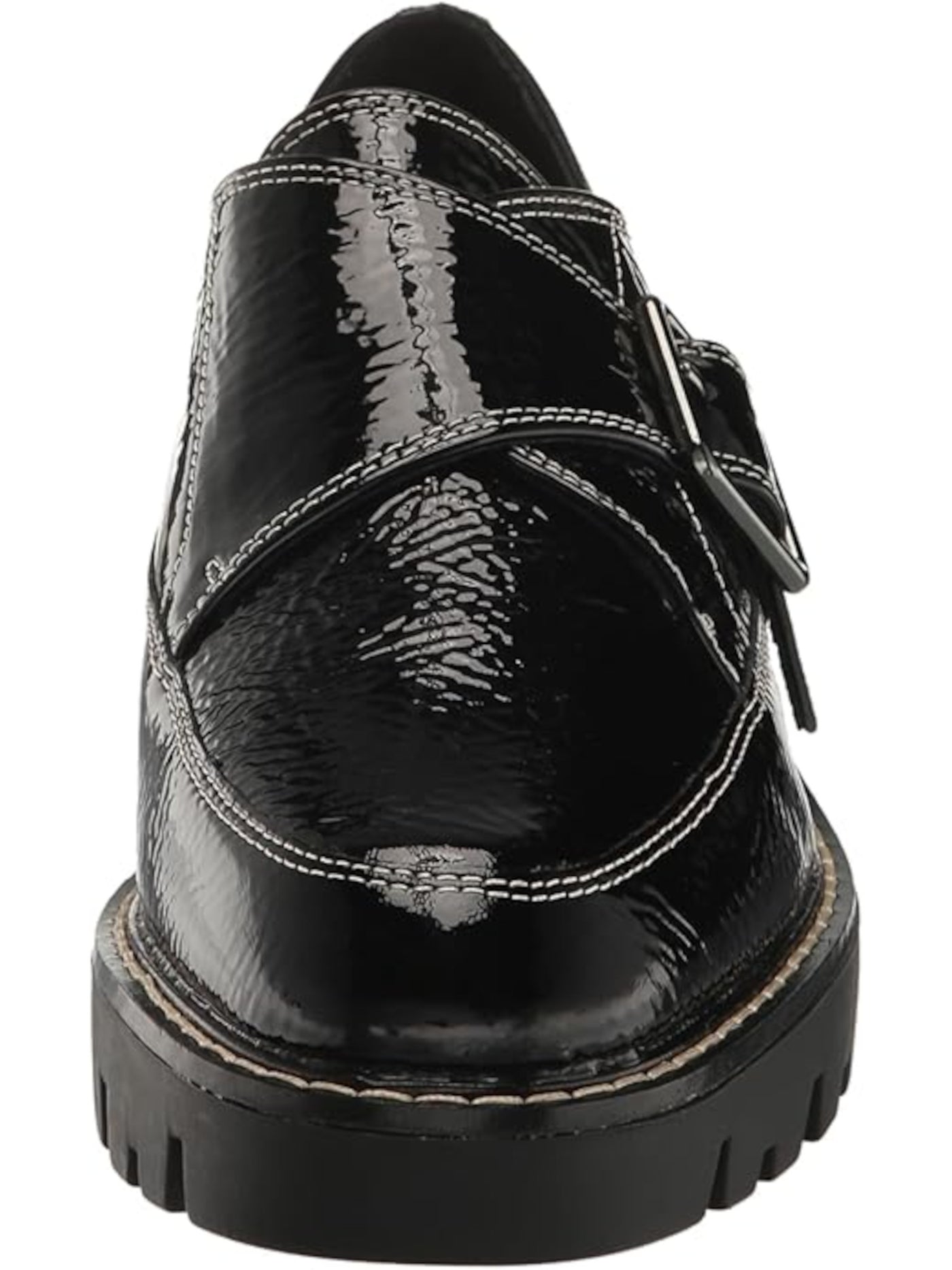 DONALD PLINER Womens Black Monk Strap Contrast Stitching Padded Treaded Lug Sole Elaina Almond Toe Block Heel Buckle Leather Dress Loafers Shoes 6.5