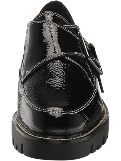 DONALD PLINER Womens Black Monk Strap Contrast Stitching Padded Treaded Lug Sole Elaina Almond Toe Block Heel Buckle Leather Dress Loafers Shoes 6.5