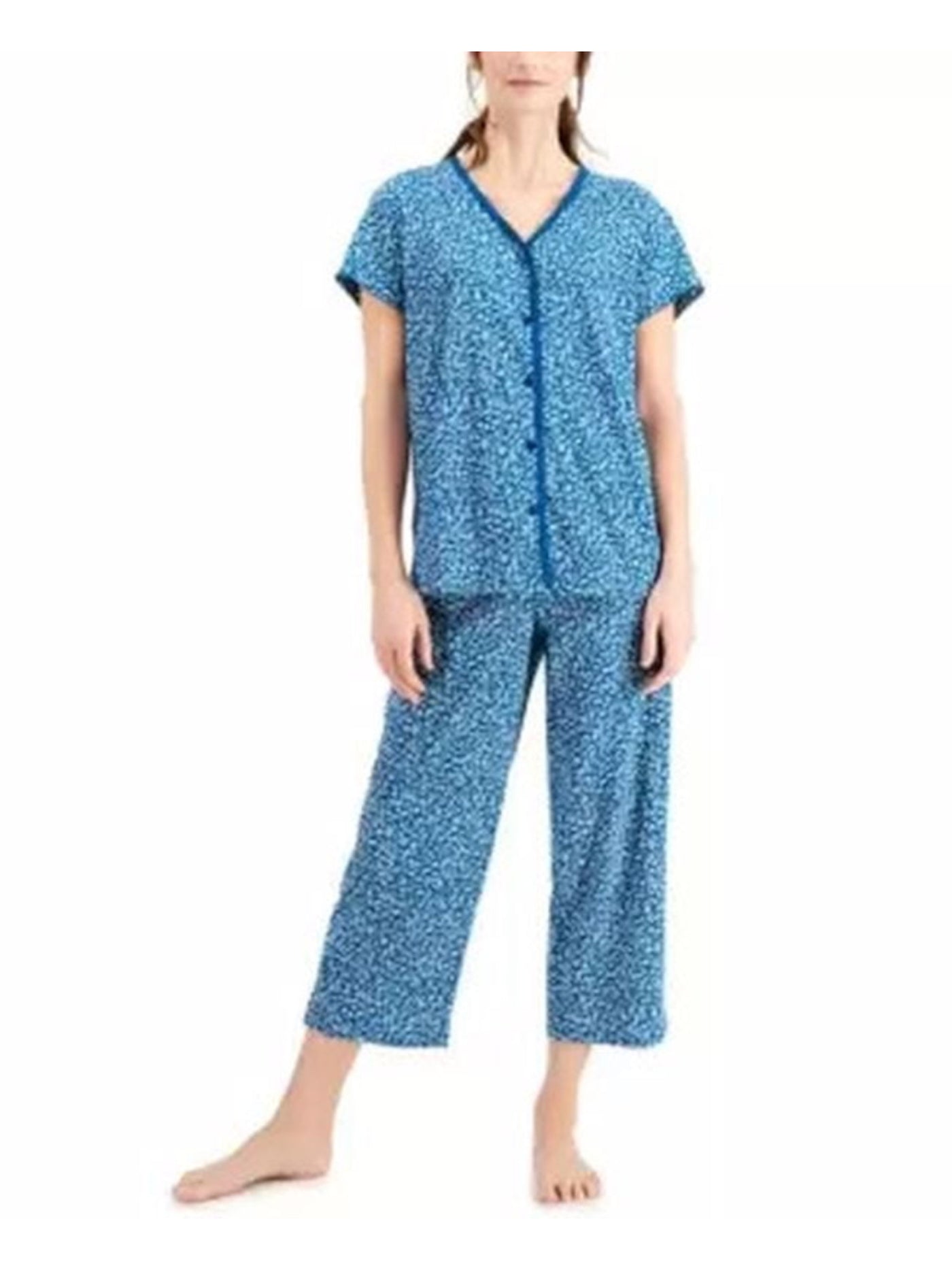 CHARTER CLUB Intimates Teal Scalloped Trim Floral Sleep Shirt Pajama Top S
