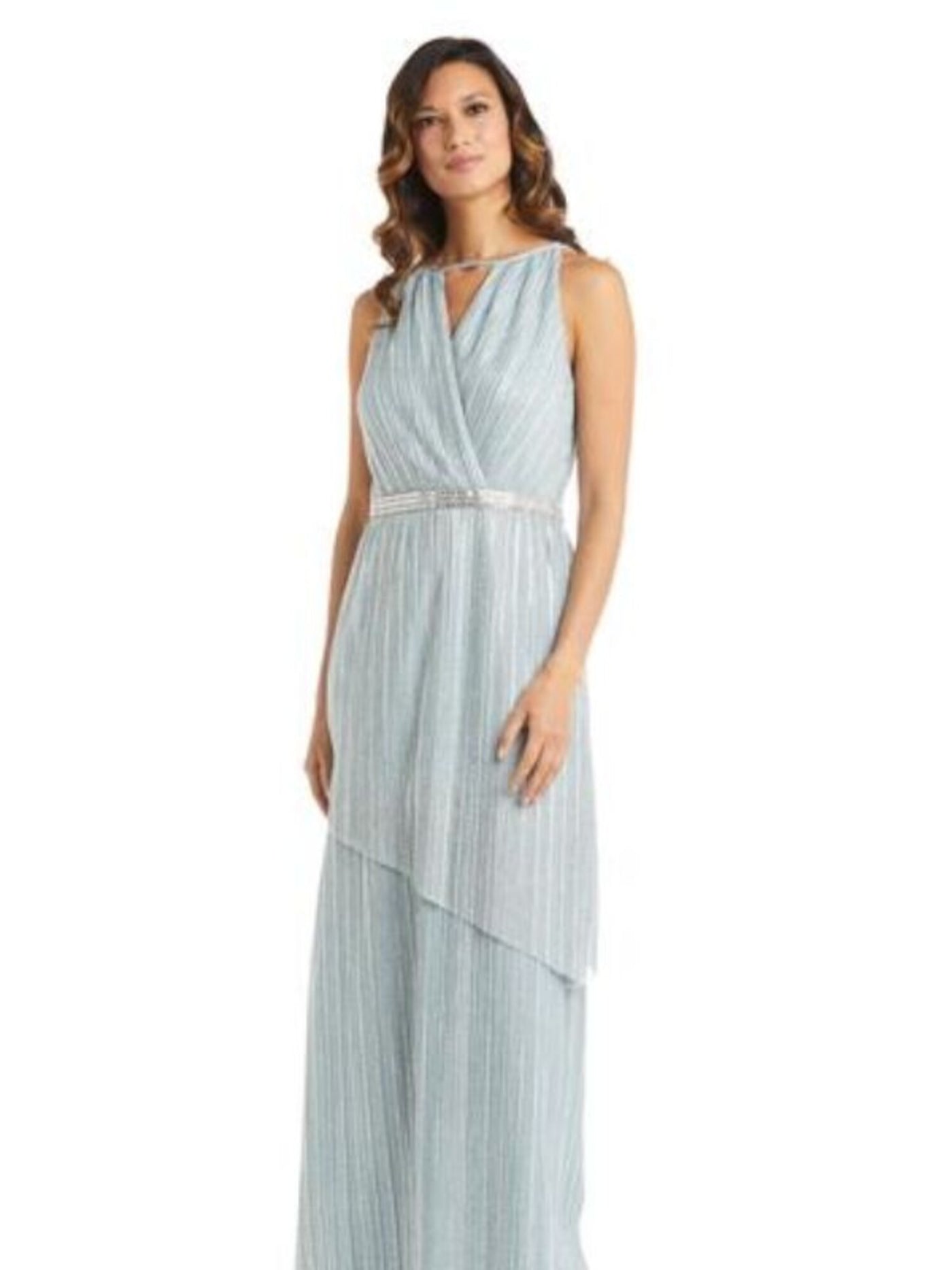 R&M RICHARDS Womens Turquoise Metallic Zippered Asymmetrical Overlay Striped Sleeveless Keyhole Full-Length Formal Gown Dress 16