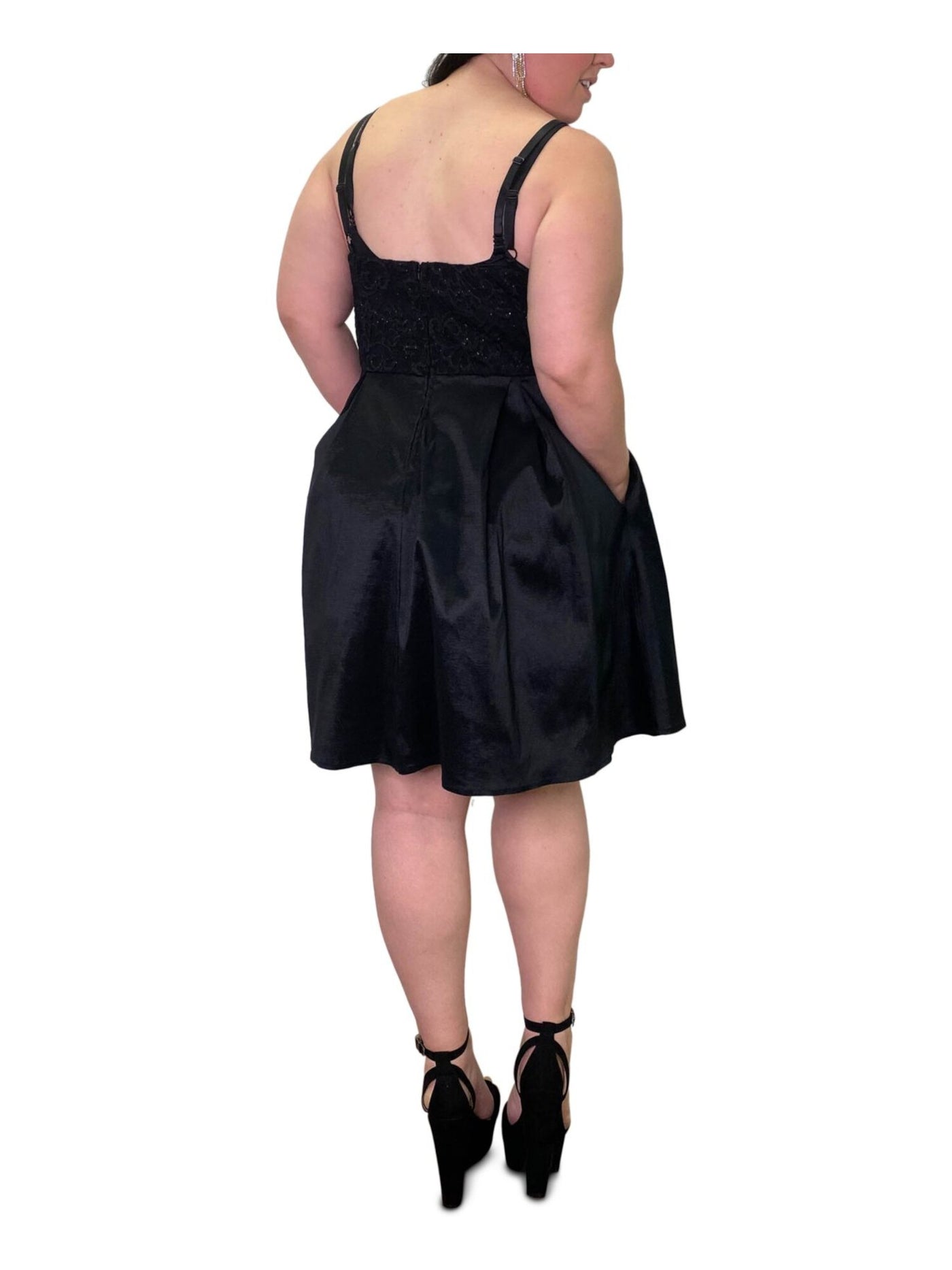EMERALD SUNDAE Womens Black Lace Glitter Sleeveless V Neck Knee Length Fit + Flare Dress Juniors 20