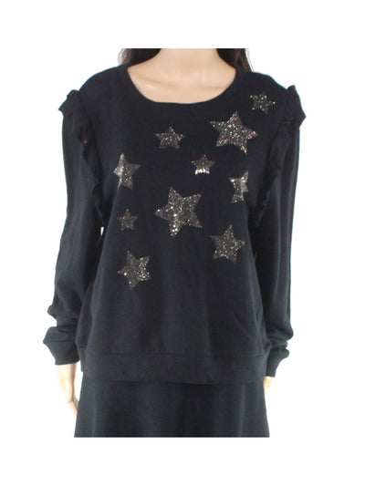 INC Womens Black Ruffled Embellished Stars Printed Long Sleeve Top L