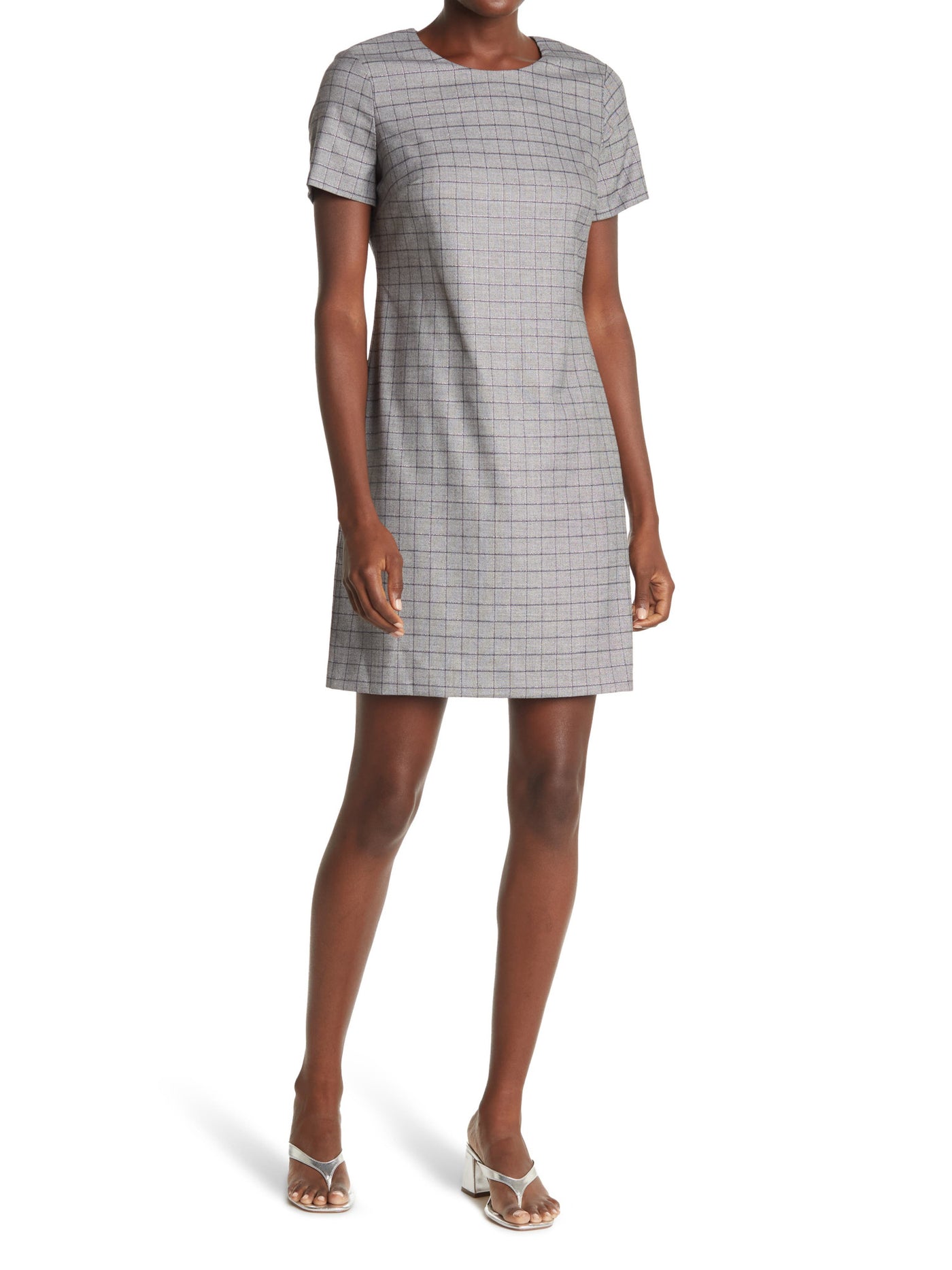 CALVIN KLEIN Womens Gray Metallic Zippered Unlined Darted Short Sleeve Round Neck Short Wear To Work Sheath Dress 4