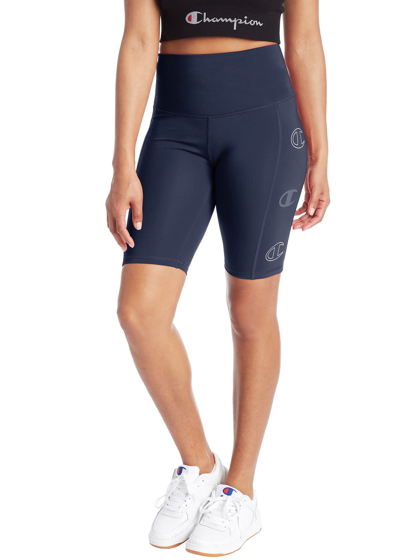 CHAMPION Womens Navy Moisture Wicking Pocketed Compression Fit Uv 50+ Logo Graphic Bike Shorts Shorts XS