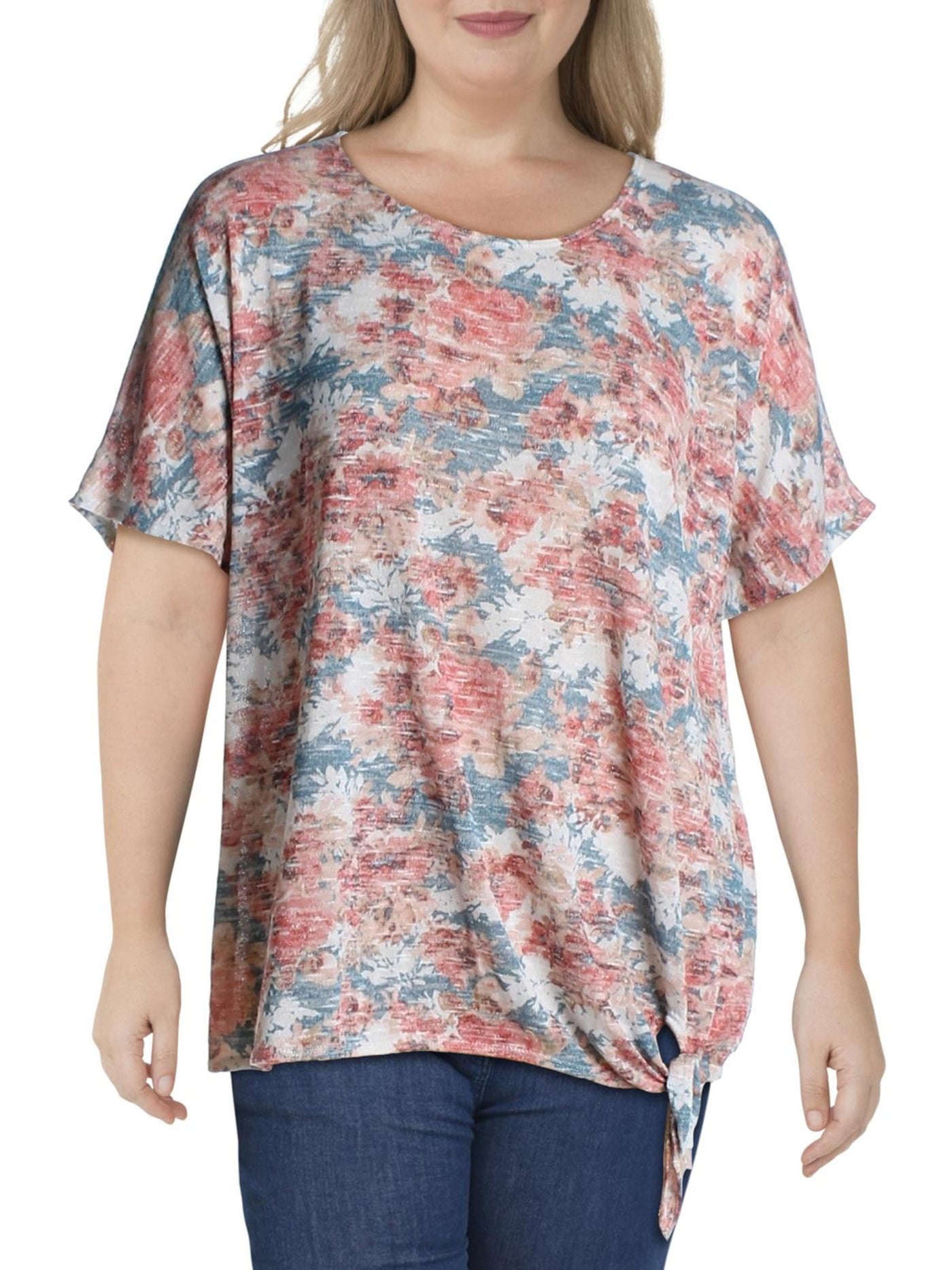 STATUS BY CHENAULT Womens Pink Stretch Floral Elbow Sleeve Scoop Neck Top Plus 1X