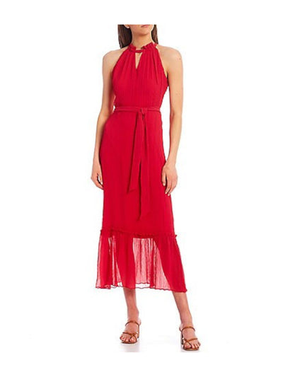 KENSIE Womens Pink Cut Out Ruffled Tie Tiered Keyhole Sleeveless Halter Maxi Evening Fit + Flare Dress 10