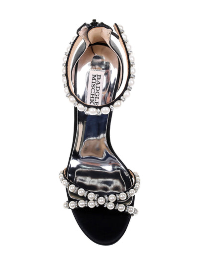 BADGLEY MISCHKA Womens Black Embellished Stretch Hooper Round Toe Sculpted Heel Zip-Up Dress Sandals Shoes 7.5
