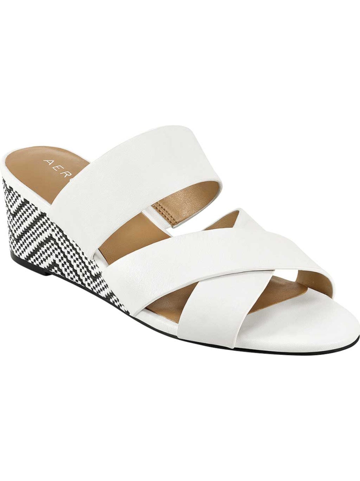 AEROSOLES Womens White Zig Zag Crisscross Straps Comfort Westfield Almond Toe Wedge Slip On Leather Slide Sandals Shoes 9 M