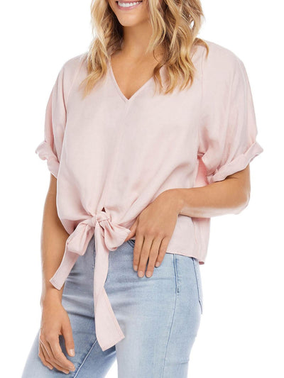 KAREN KANE Womens Pink Tie Roll Sleeves Short Sleeve V Neck Top XL