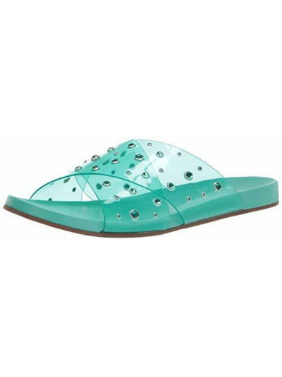 JESSICA SIMPSON Womens Turquoise Clear Vinyl Lucite Straps Studded Rhinestone Tislie Round Toe Slip On Slide Sandals Shoes 9.5 M
