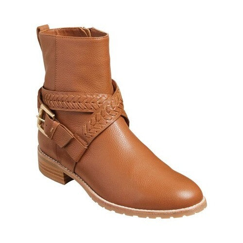 JACK ROGERS Womens Brown Moto Inspired Crisscross Straps Buckle Accent Eliza Round Toe Block Heel Zip-Up Booties 7 M