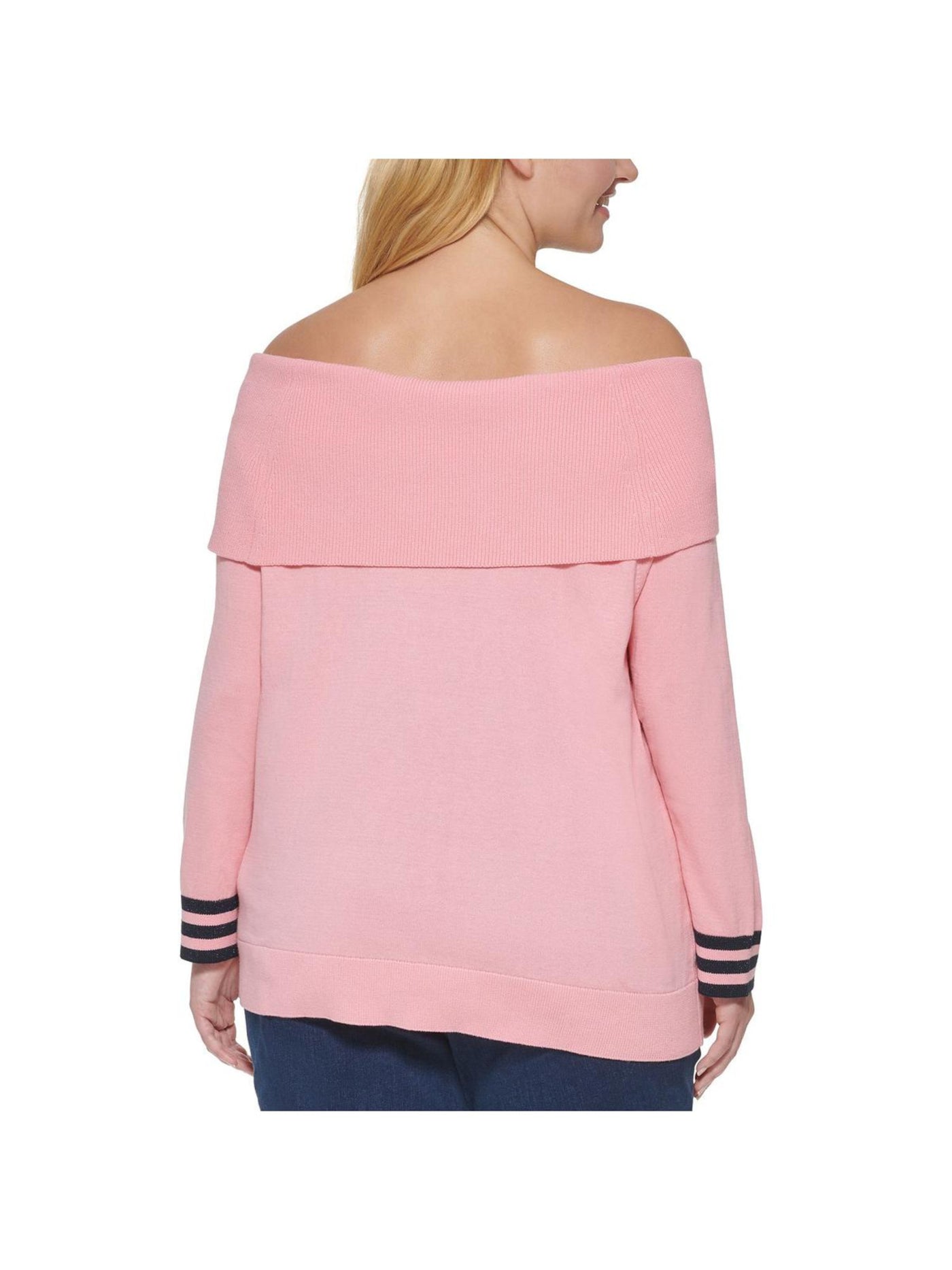 TOMMY HILFIGER Womens Pink Knit Glitter Ribbed Embroidered Logo Striped Long Sleeve Off Shoulder Sweater Plus 3X