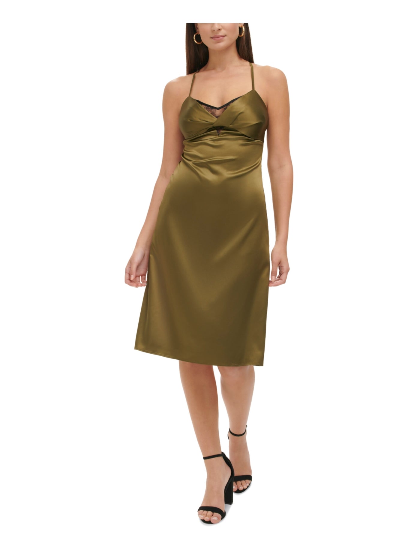 GUESS Womens Green Zippered Adjustable Lace Trim Knotted Padded Lined Spaghetti Strap V Neck Above The Knee Cocktail Sheath Dress 6