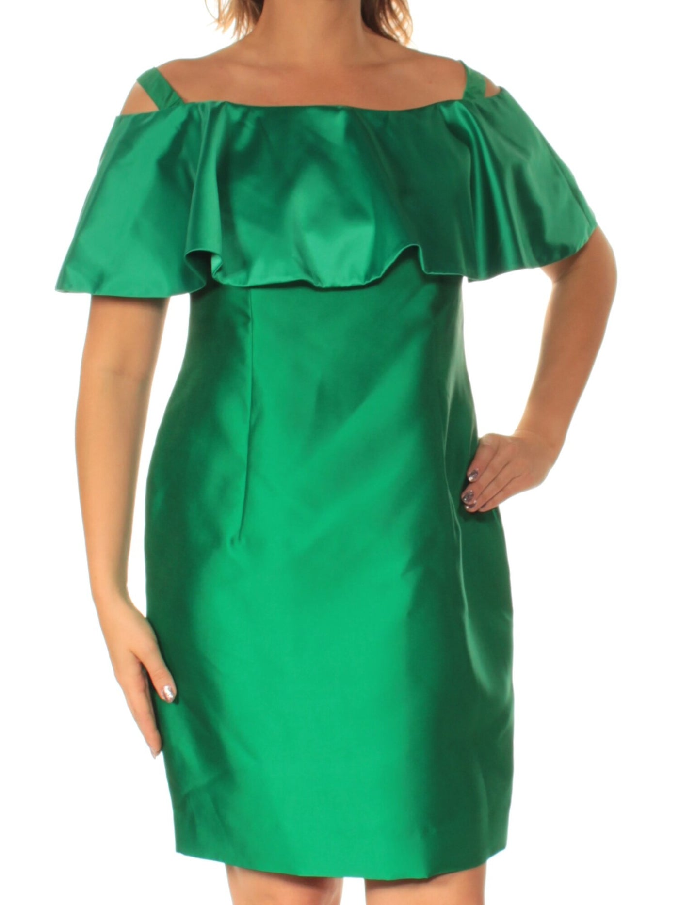 ADRIANNA PAPELL Womens Green Cold Shoulder Short Sleeve Square Neck Above The Knee Sheath Dress 4