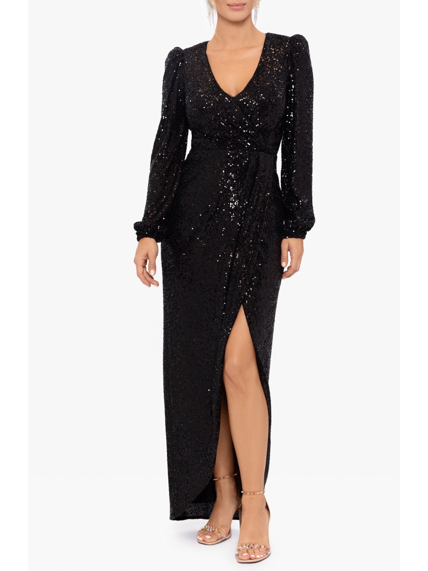 XSCAPE Womens Black Stretch Sequined Zippered Front Slit Lined Sheer Long Sleeve Surplice Neckline Full-Length Formal Gown Dress 4
