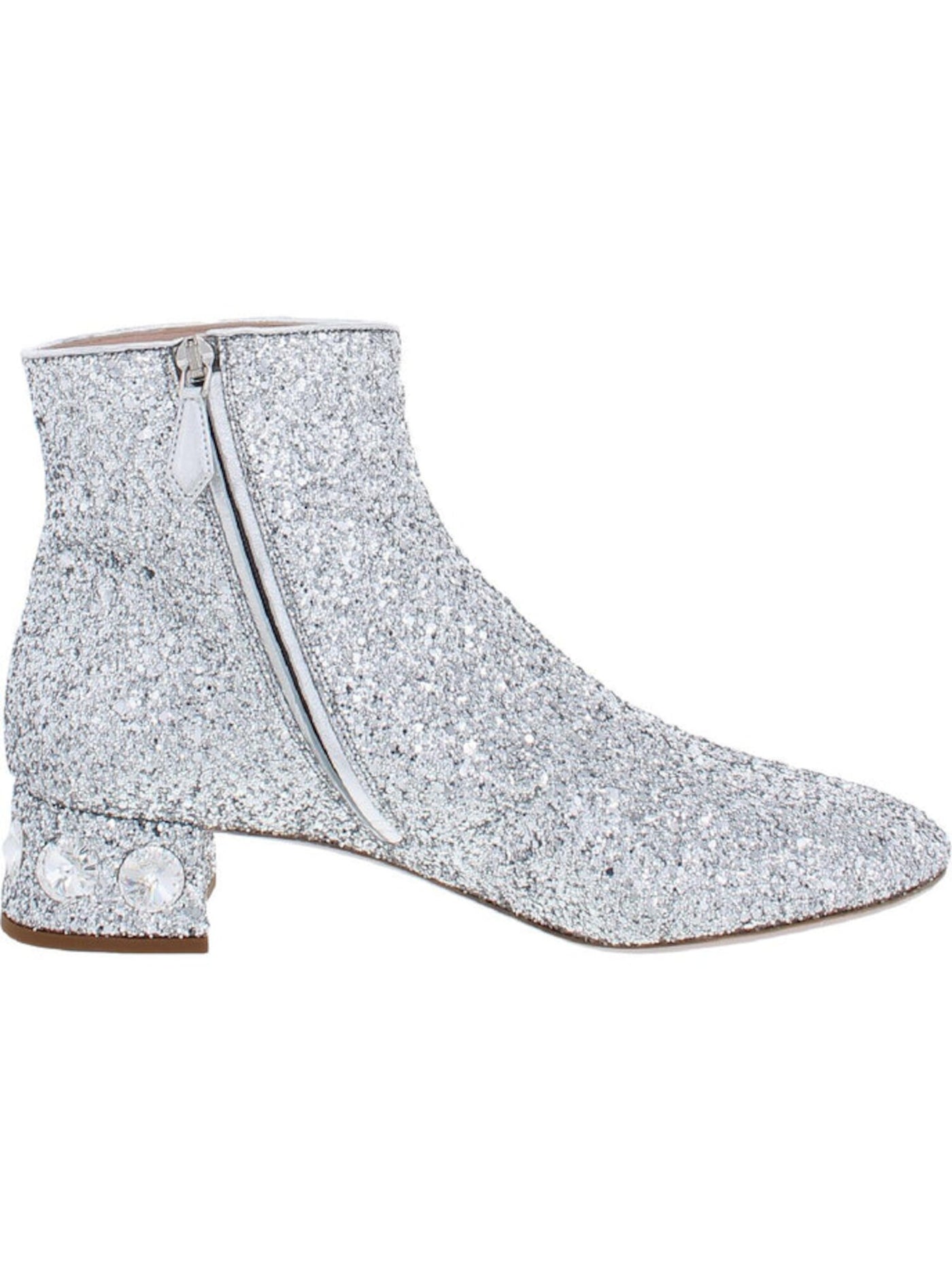 MIU MIU Womens Argento Silver Glitter Embellished Round Toe Block Heel Zip-Up Booties 37