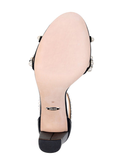 BADGLEY MISCHKA Womens Black Embellished Stretch Hooper Round Toe Sculpted Heel Zip-Up Dress Sandals Shoes