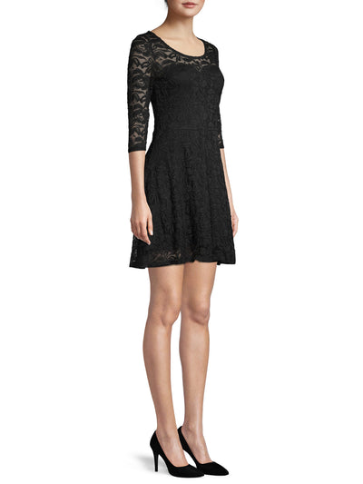 MATERIAL GIRL Womens Black Lace 3/4 Sleeve Jewel Neck Mini Party Fit + Flare Dress XXS