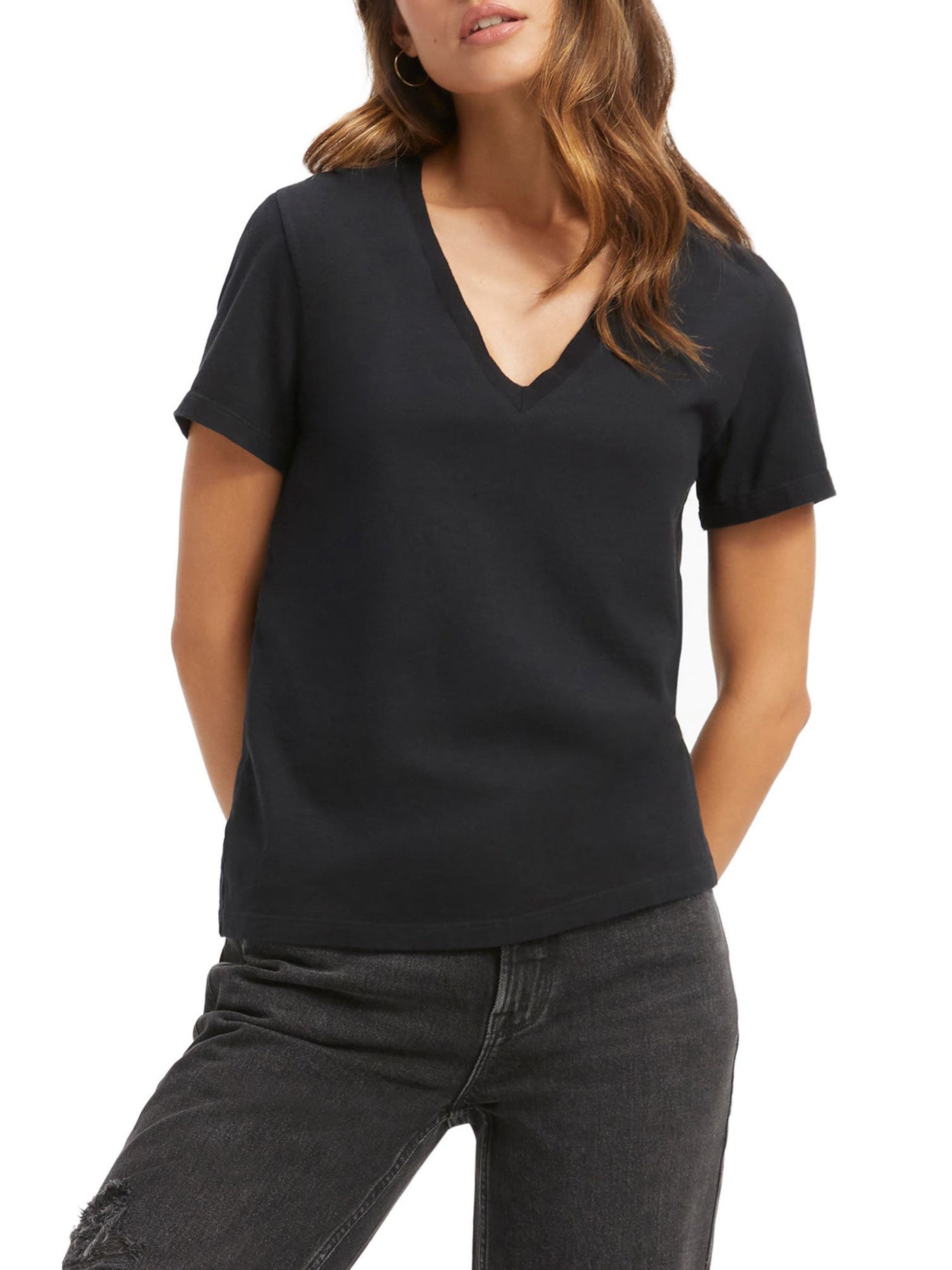 GOOD AMERICAN Womens Black Cotton Short Sleeve V Neck T-Shirt 0