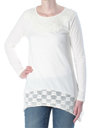 STYLE & COMPANY Womens Ivory Embroidered Embellished Long Sleeve Scoop Neck Sweater XS