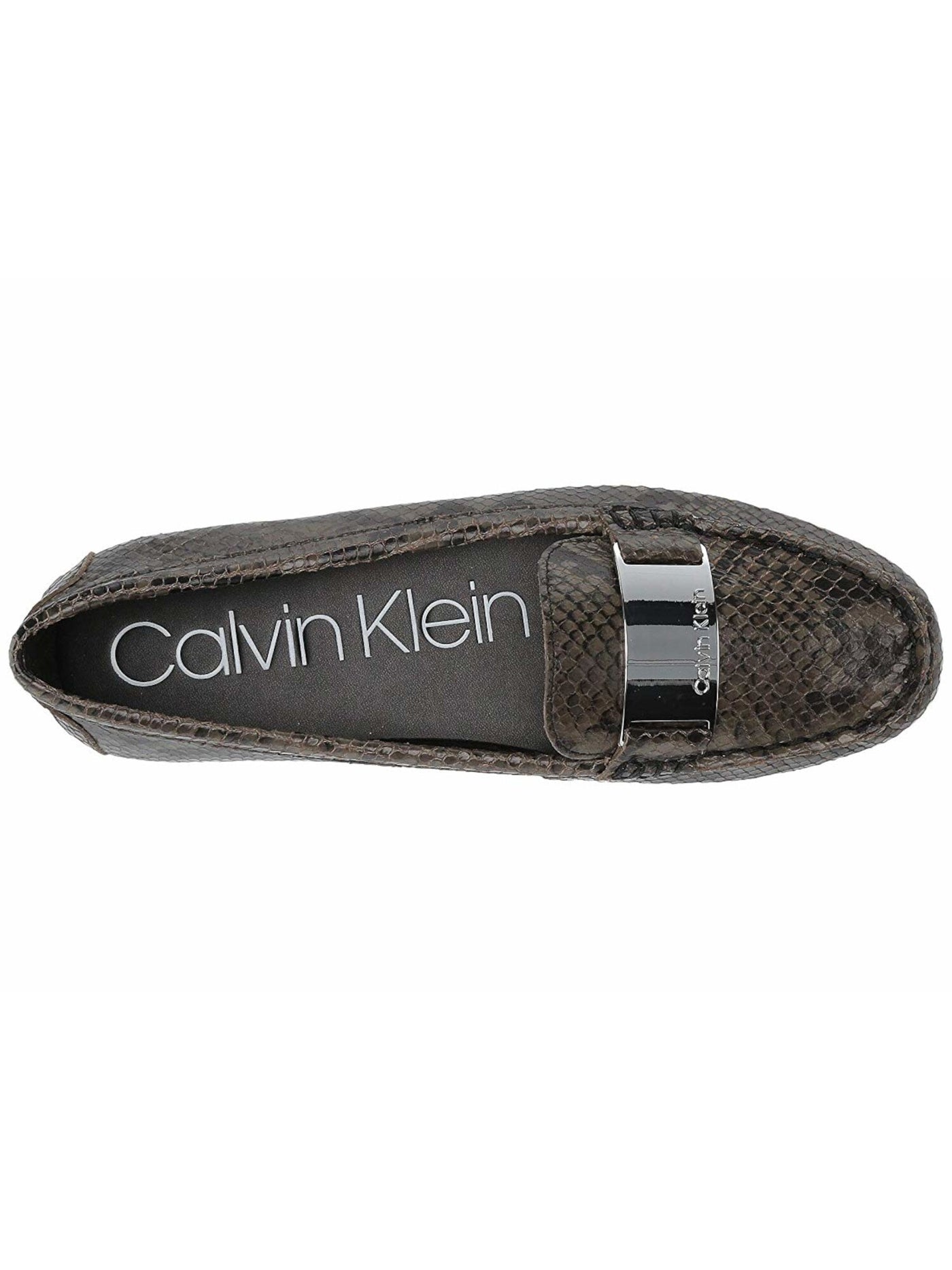 CALVIN KLEIN Womens Brown Camouflage Snakeskin Logo Hardware Cushioned Lisette Round Toe Slip On Leather Loafers Shoes M