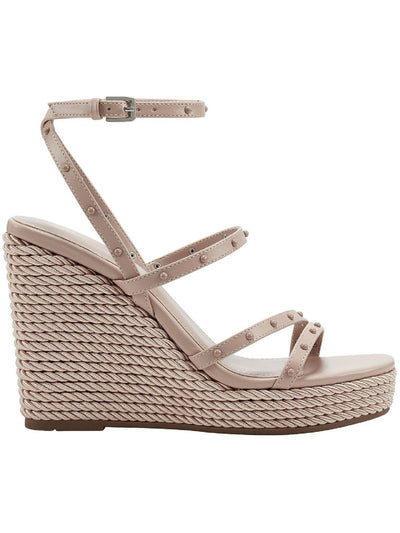 MARC FISHER Womens Beige Strappy Studded Zig Square Toe Wedge Buckle Heeled Sandal 9.5 M