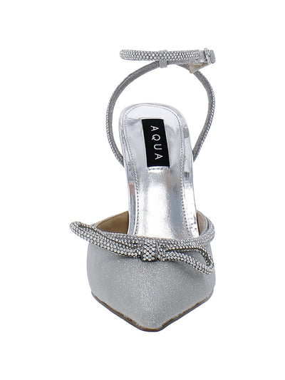 AQUA Womens Silver Padded Bow Detail Embellished Ankle Strap Charm Pointed Toe Buckle Pumps Shoes 8 M