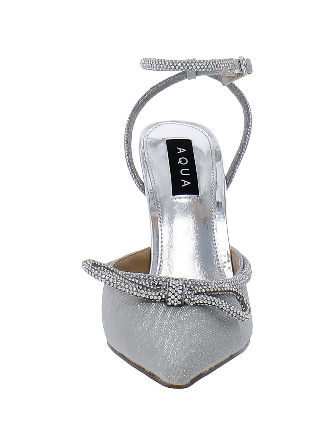 AQUA Womens Silver Padded Bow Detail Embellished Ankle Strap Charm Pointed Toe Buckle Pumps Shoes 7 M