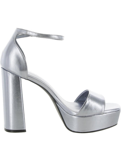 MADDEN GIRL Womens Silver 1-1/2" Platform Adjustable Ankle Strap Omega Square Toe Block Heel Buckle Dress Heeled Sandal 7.5 M