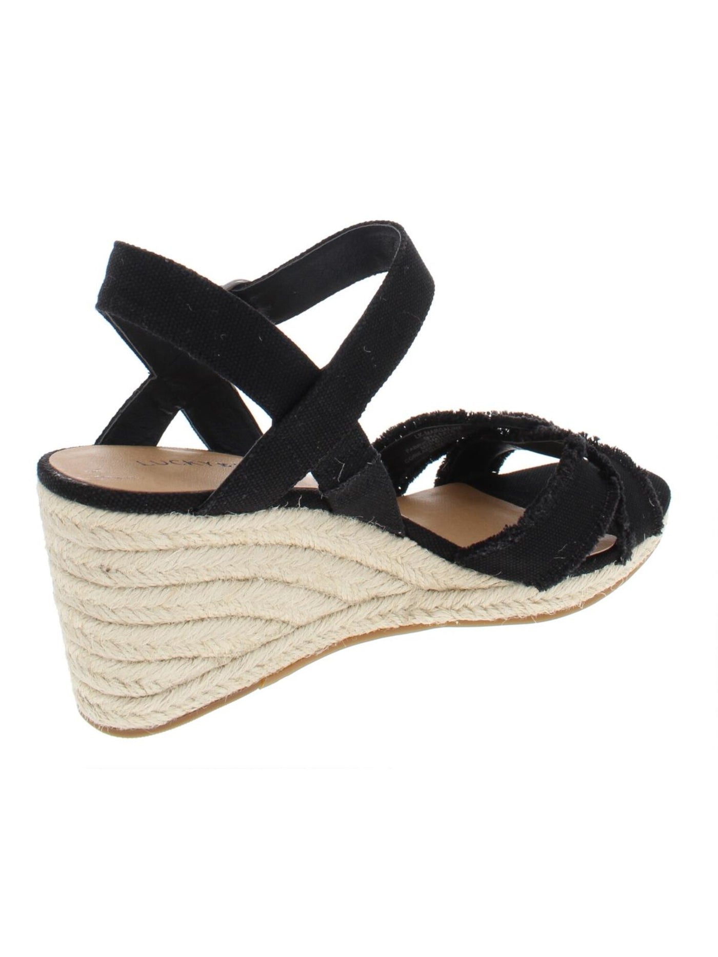 LUCKY BRAND Womens Black Woven 1/2" Platform Frayed Trim Ankle Strap Slingback Jute Adjustable Strap Cushioned Margaline Round Toe Wedge Buckle Espadrille Shoes 7 M