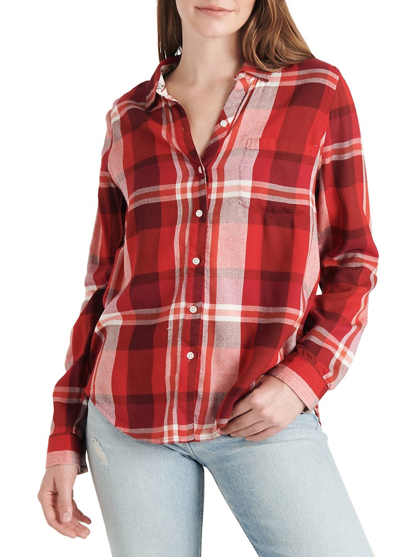 LUCKY BRAND Womens Red Plaid Long Sleeve Button Up Top XL