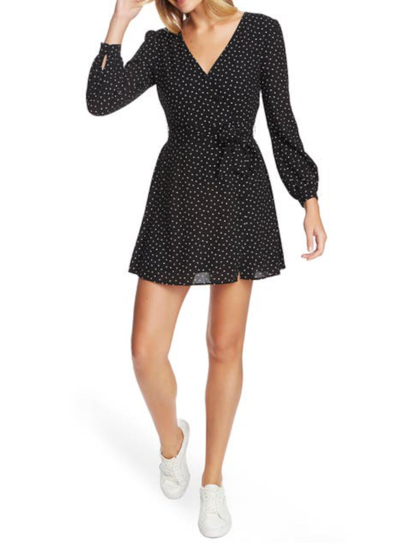1. STATE Womens Black Polka Dot Cuffed Sleeve Surplice Neckline Mini Faux Wrap Dress 6