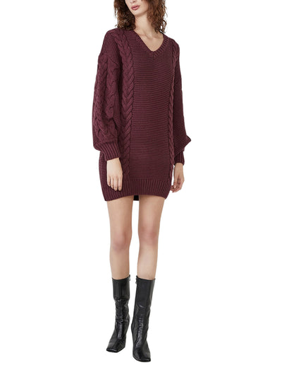 BARDOT Womens Burgundy Textured Unlined Drop Shoulders Sweater Long Sleeve V Neck Mini Evening Sweater Dress L