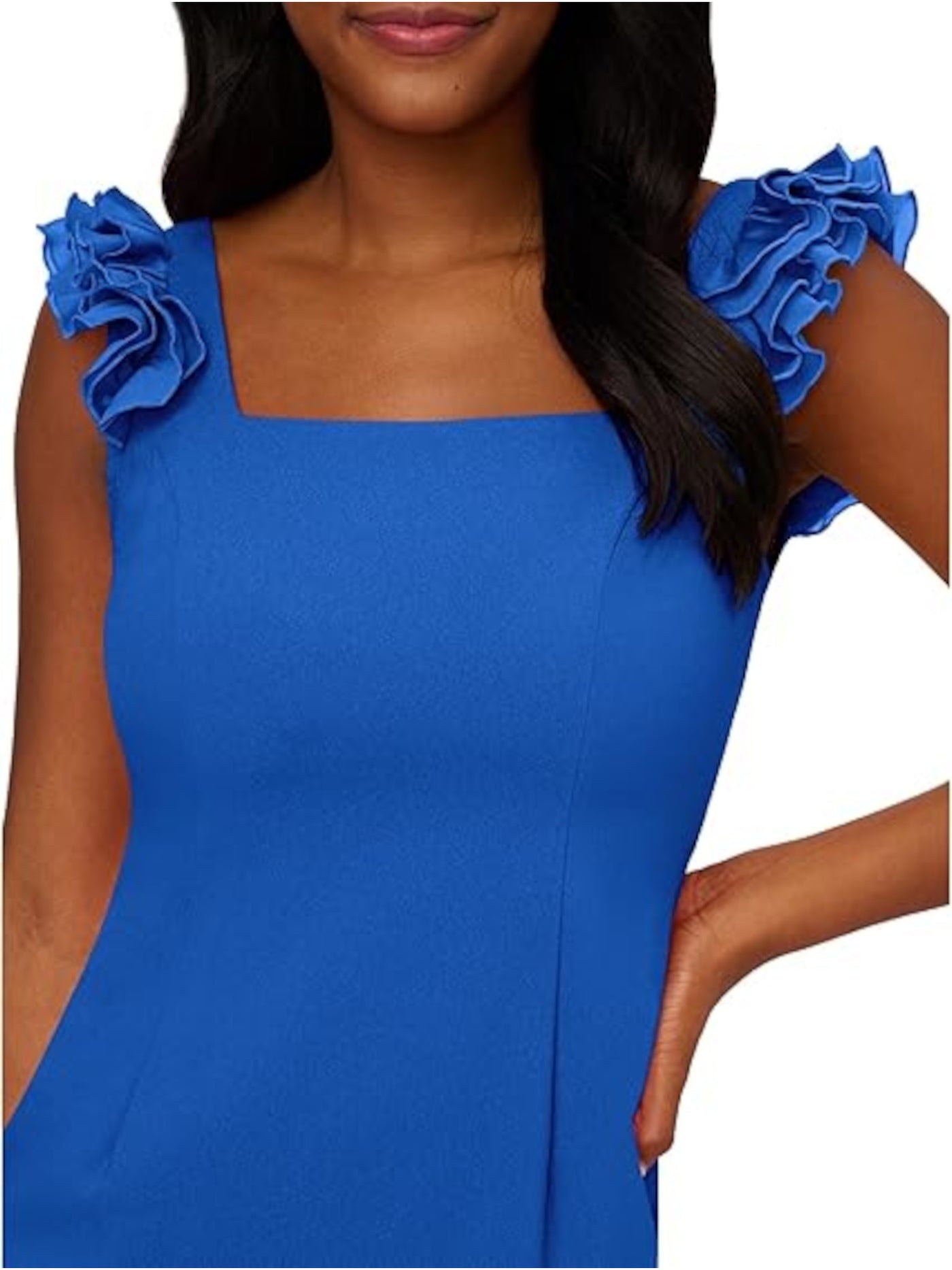 ADRIANNA PAPELL Womens Blue Ruffled Zippered Flounce Hem Lined Sleeveless Square Neck Midi Cocktail Hi-Lo Dress 14