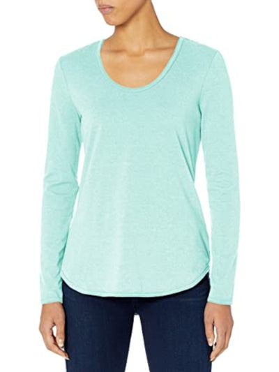 B NEW YORK Womens Aqua Stretch Distressed Long Sleeve Scoop Neck T-Shirt S