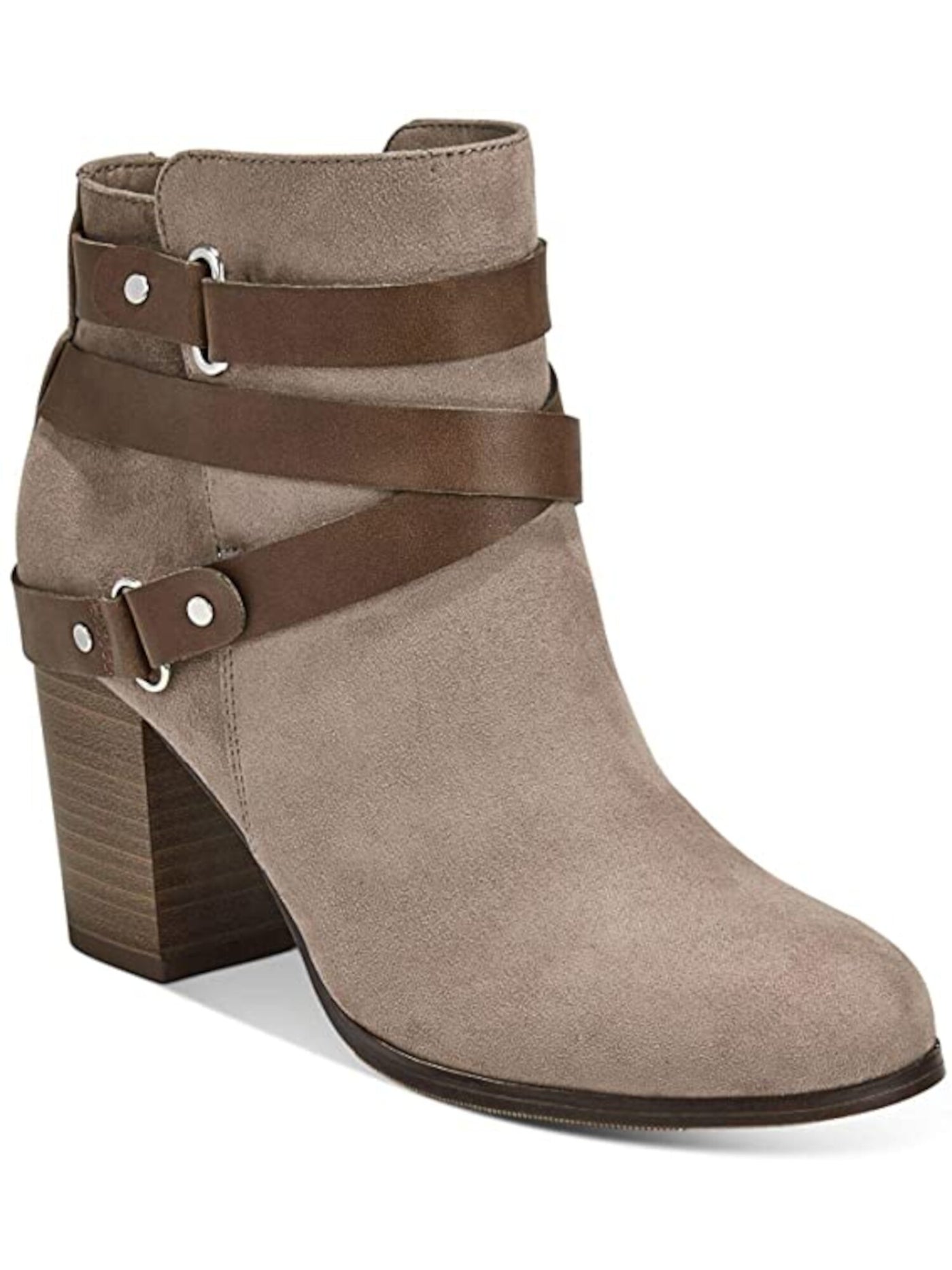 MATERIAL GIRL Womens Beige Buckled Strap Hardware Cushioned Strappy Melany Round Toe Block Heel Zip-Up Booties 8 M