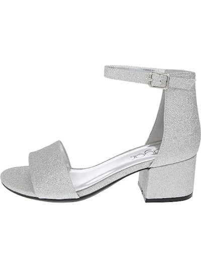 SUGAR Womens Silver Scalloped Insole Ankle Strap Glitter Noelle Round Toe Block Heel Buckle Dress Sandals Shoes 7 M