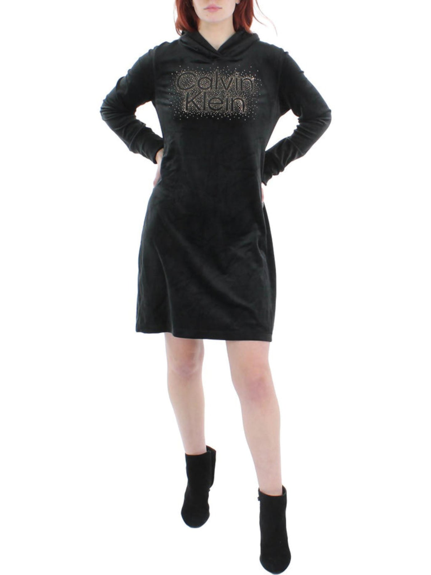CALVIN KLEIN Womens Black Metallic Hooded Logo Graphic Long Sleeve Above The Knee Shift Dress M