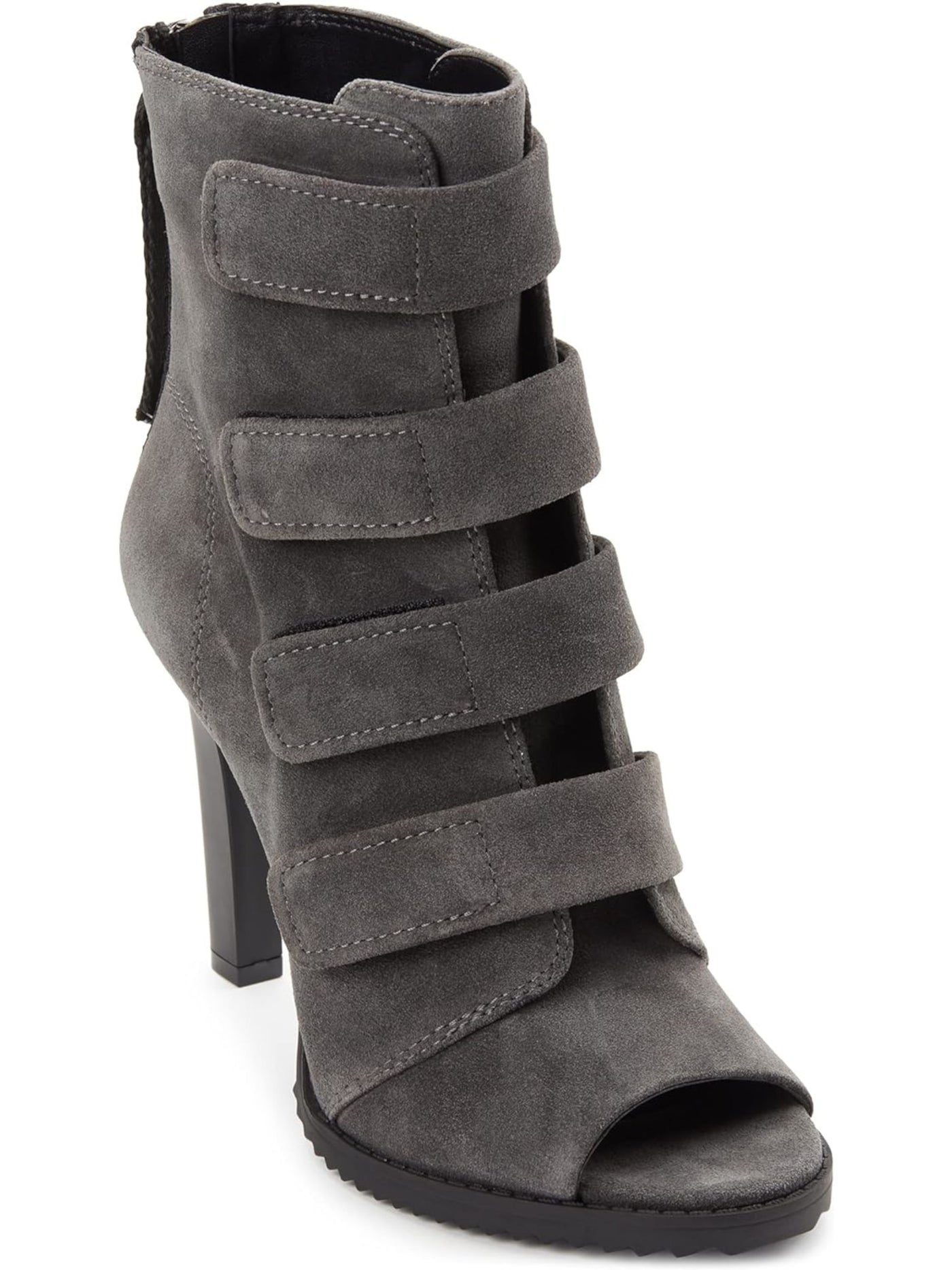 DKNY Womens Gray Hook & Loop Straps Padded Tasseled Logo Blake Peep Toe Block Heel Zip-Up Suede Booties 6 M