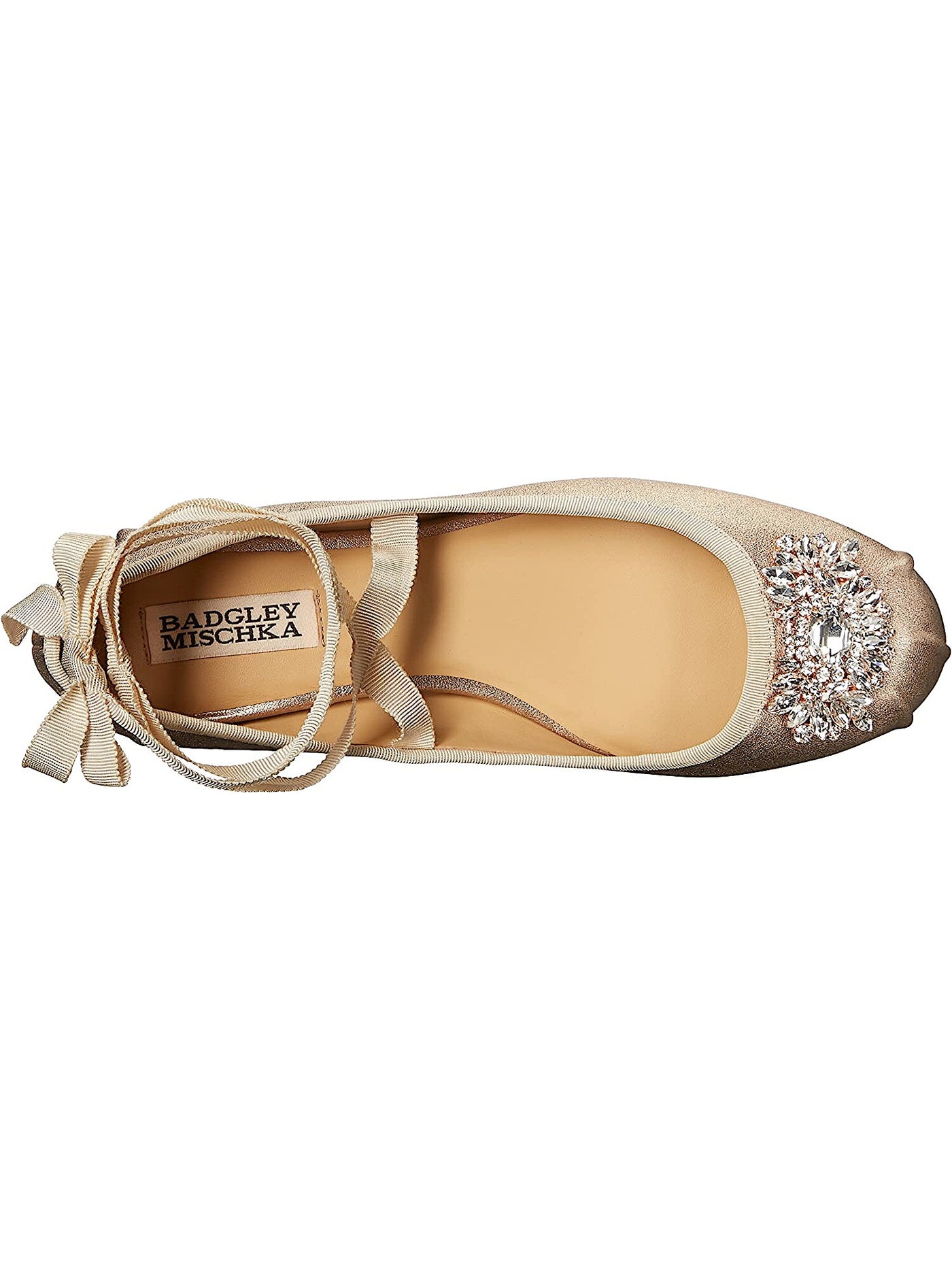 BADGLEY MISCHKA Womens Beige Rhinestone Cushioned Karter Round Toe Block Heel Lace-Up Leather Ballet Flats 6.5