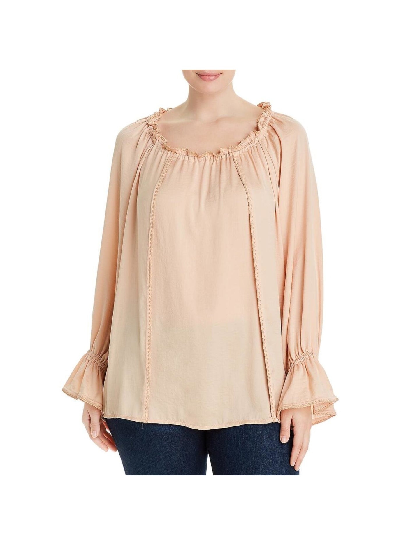 SINGLE THREAD Womens Pink Ruffled Embroidered Elastic Cuffs Long Sleeve Scoop Neck Party Blouse XS