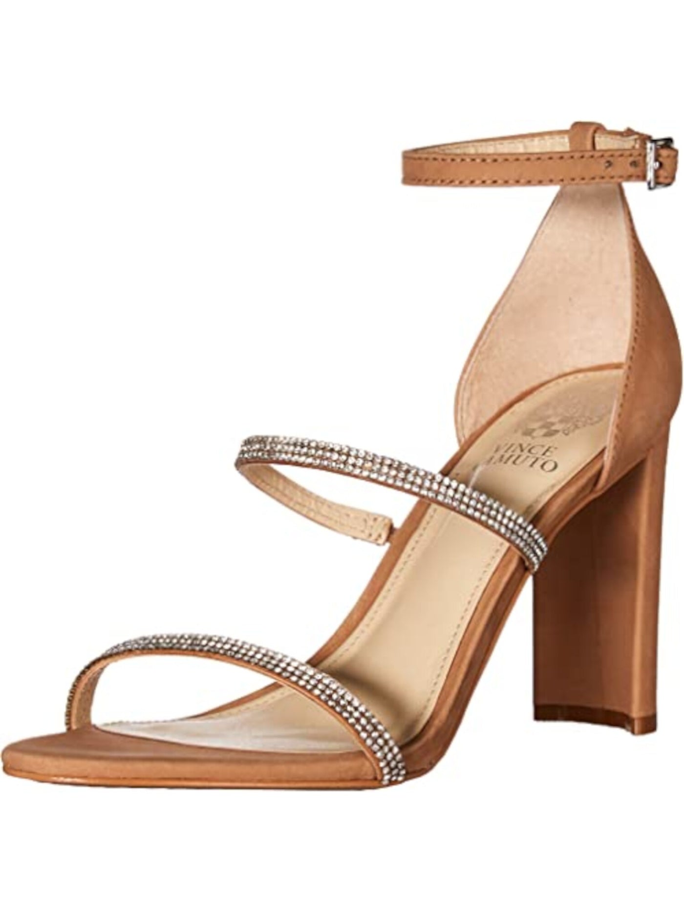 VINCE CAMUTO Womens Beige Ankle Strap Cushioned Rhinestone Fairah Almond Toe Block Heel Buckle Leather Dress Sandals Shoes 6.5 M