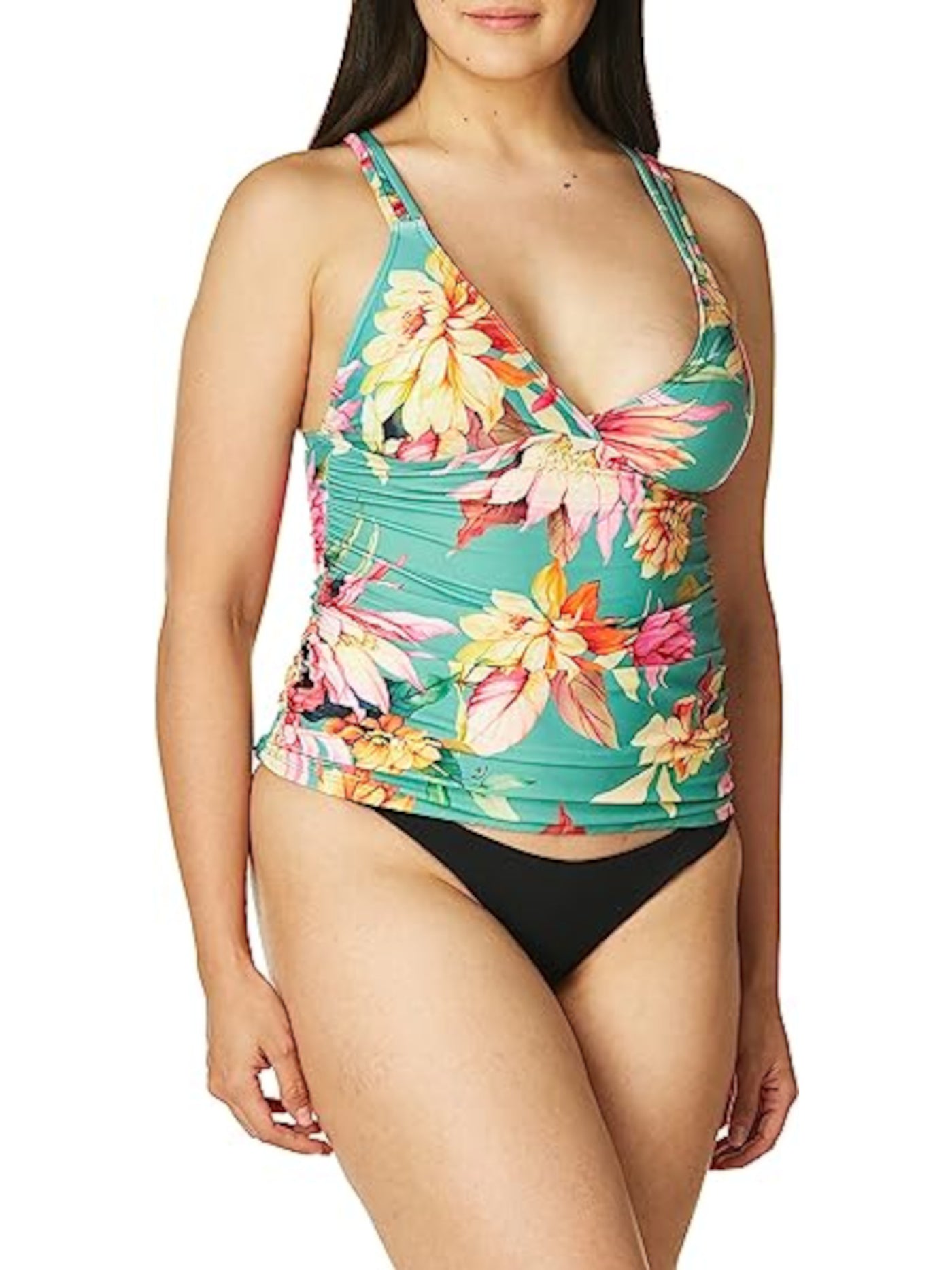 LA BLANCA Women's Green Floral Ruched Sides Deep V Neck Strappy Tankini Swimsuit Top 8